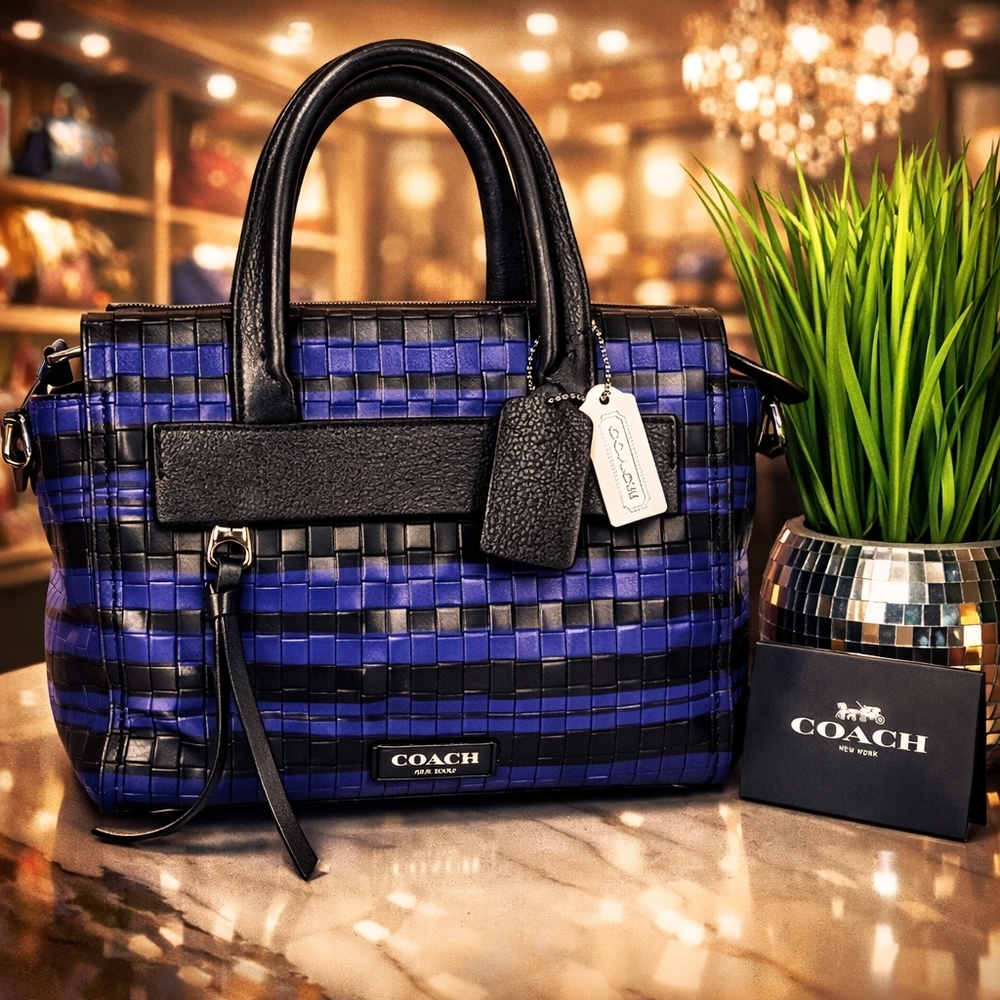 COACH BLEECKER WOVEN MINI CROSSBODY SHOULDER BAG RILEY CARRYALL PURPLE BLACK GUC